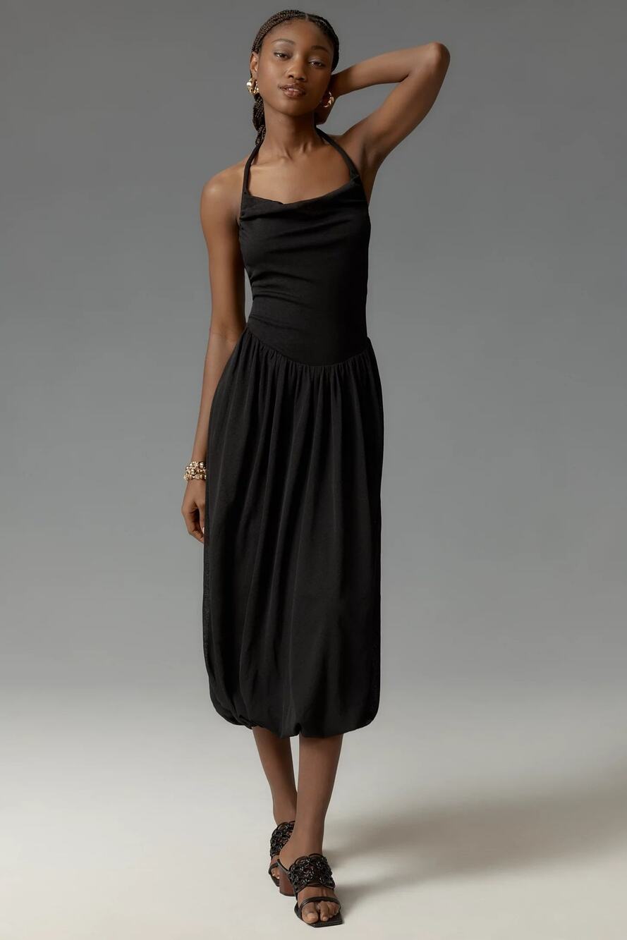 New Anthropologie Cowl-Neck Bubble-Hem Midi Dress $168 Size 12 Black